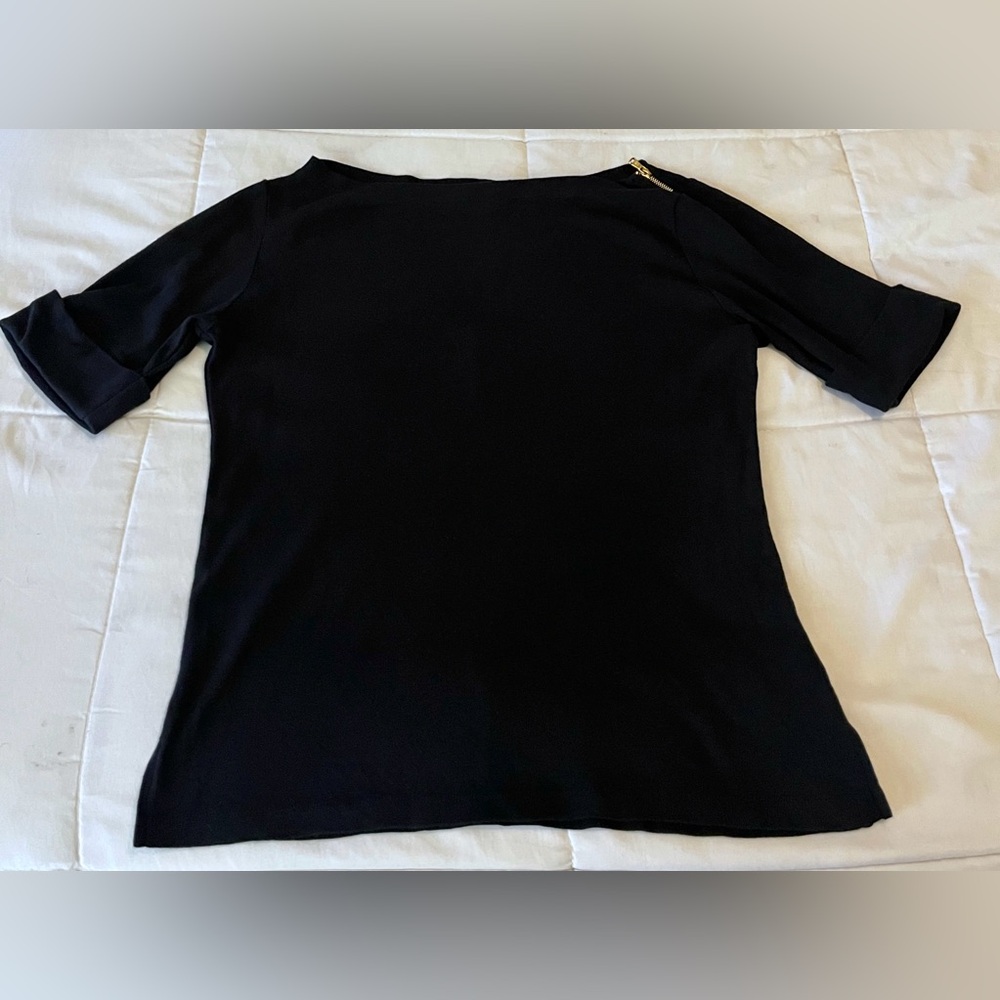 Lauren Ralph Lauren Black Boat Neck Zipper Accent Cotton Top Women’s size m